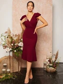 Kadın Kısa Kelebek Kollu Kruvaze Yaka Ithal Krep Midi Elbise thumbnail 1