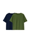 Basic 2'Li Unisex Bisiklet Yaka T-Shirt ( Lacivert - Haki ) - 1