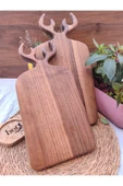 BEF CRAFT Geyik 2 Li Kesme Sunum Servis Tahtası Ceviz Ağacı Ahşap Sunum Kesme Tahtası Geyik Desenli thumbnail 2