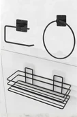 Egem Home Siyah Yapışkanlı Banyo Rafı Halka Havluluk ve Tuvalet Kağıtlık Seti thumbnail 1