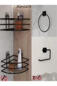 Egem Home Siyah Yapışkanlı 2 Adet Banyo Köşeliği Halka Havluluk ve Tuvalet Kağıtlık Seti 3'lü Set thumbnail 1
