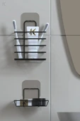 Egem Home Siyah Paslanmaz Metal Banyo Duvar Organizeri - Yapışkanlı Diş Fırçalık ve Sabunluk Seti thumbnail 4