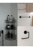 Egem Home Yapışkanlı Siyah Banyo Köşeliği 3 Katlı Köşe Rafı Uzun Havluluk ve Tuvalet Kağıtlık Set - 1