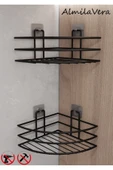 Egem Home Siyah Güçlü Yapışkanlı Tekli Banyo Köşe Rafı 2 Adet thumbnail 2