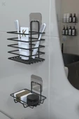 Egem Home Siyah Paslanmaz Metal Banyo Duvar Organizeri - Yapışkanlı Diş Fırçalık ve Sabunluk Seti thumbnail 2
