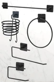 Egem Home Yapışkanlı Siyah 5'li Uzun Havlu Askısı Fön Askısı Tuvalet Kağıtlık Rulo Havluluk Banyo Seti thumbnail 1
