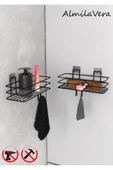 Egem Home Siyah Güçlü Yapışkanlı Kancalı Banyo Rafı 2 Adet. - 1