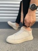 JY204 Flex Bağcıklı Keten Kumaş Erkek Günlük Sneaker Ayakkabı KKT - Krem thumbnail 3