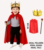 Çocuk Kral Kostüm Seti - Kırmızı Pelerin, Taç ve Asa (90 cm) - 1