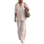 Günlük Keten Ekru İkili Takım Alt Üst - 3