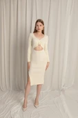 Triko Kumaş Dekolteli Kadın Ekru Elbise thumbnail 2