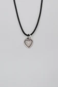 Minimalist Kalp Siyah Deri İp Kolye - Antik Gümüş Kaplama - Kadın Erkek - 60 cm thumbnail 1