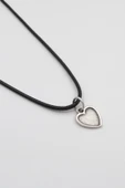 Minimalist Kalp Siyah Deri İp Kolye - Antik Gümüş Kaplama - Kadın Erkek - 60 cm thumbnail 2