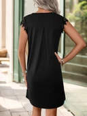 Kadın Kısa Dantel Kollu önden Düğmeli Viskon Elbise thumbnail 2