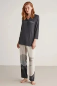 W604 Kadın Patlı V Yaka Uzun Kollu Pijama Takımı - 1