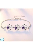 925 Ayar Gümüş Yonca Figürlü Kalpli Mor Taşlı Kadın Bileklik Sevgililer Günü Sevgiliye Hediyelik thumbnail 7