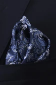 Esgue Hand Made 7.5 cm Yaprak Desenli Lacivert Gri Mendilli Kravat - 5