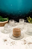 Tilbe Home 12 Parça Cam Kahve Fincan Seti Çizgili Desen Nescafe Fincanı Cam Tabaklı Çay Takımı 125cc thumbnail 5