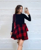 Kadın Uzun Kollu Bisiklet Yaka üst Viskon Alt Ekose Kısa Elbise thumbnail 1