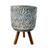 Bitki Tasarımı Ev dekorasyon Mavi Eskitme Çiçek Desen Ayaklı Beton Saksı Çiçeklik Saksılık thumbnail 1