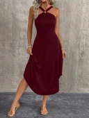 Kadın Boyundan çapraz Askılı Halka Detaylı Asimetrik Kesim Viskon Elbise thumbnail 3