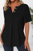 Kadın Kısa Kollu çentikli V Düğme Detaylı V Yaka önden Pileli Ithal Keten Bluz thumbnail 1