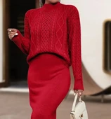 Kadın Uzun Kollu Balıkçı Yaka Bluz Ve Etek Ikili Triko Takım thumbnail 2