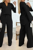 Kadın Uzun Kollu V Yakalı Keten Bluz Bağcıklı Pantolon Ikili Takım - 3