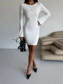 Prenses kol esnek kumaş elbise beyaz f2334 thumbnail 3