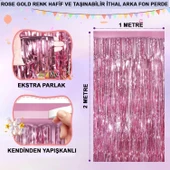 Rose Gold Renk Ekstra Metalize Parlak Saçaklı Arka Fon Perde İthal A Kalite 1x2 Metre - 1