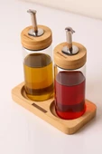 Bambu Kapaklı Cam Yağlık & Sirkelik Seti – 2'li Standlı 200ml - 1