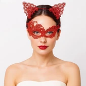 Gizemli Kırmızı Dantel Maske Ve Taç Seti 1 No - Kostüm Seti thumbnail 3