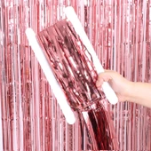 Rose Gold Renk Ekstra Metalize Parlak Saçaklı Arka Fon Perde İthal A Kalite 1x2 Metre - 4