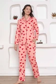 Kadın Kalp Desen Gömlek Yaka %100 Pamuk Mevsimlik Uzun Kol Cepli Pijama Takımı - 3