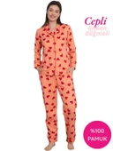 Kadın Kalp Desen Gömlek Yaka %100 Pamuk Mevsimlik Uzun Kol Cepli Pijama Takımı - 9