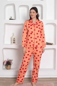 Kadın Kalp Desen Gömlek Yaka %100 Pamuk Mevsimlik Uzun Kol Cepli Pijama Takımı - 1