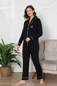 Kadın Siyah Bambu Kumaş Mevsimlik Boydan Önden Düğmeli Gömlek Yaka Uzun Kol Pijama Takımı - 4