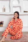 Kadın Kalp Desen Gömlek Yaka %100 Pamuk Mevsimlik Uzun Kol Cepli Pijama Takımı - 4