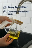 2’li Cam Yağlık Sirkelik Seti 200 ml Ölçülü Borosilikat Cam Yağdanlık + Bambu Stand thumbnail 5