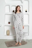 Gri Çiçek Desenli Büyük Beden Kadın Uzun Kol Anne Pijama Takımı -  %100 Pamuk Penye Mevsimlik - 5