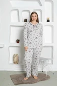 Gri Çiçek Desenli Büyük Beden Kadın Uzun Kol Anne Pijama Takımı -  %100 Pamuk Penye Mevsimlik - 1