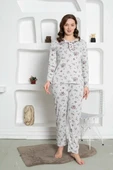 Gri Çiçek Desenli Büyük Beden Kadın Uzun Kol Anne Pijama Takımı -  %100 Pamuk Penye Mevsimlik - 6
