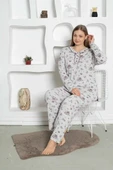 Gri Çiçek Desenli Büyük Beden Kadın Uzun Kol Anne Pijama Takımı -  %100 Pamuk Penye Mevsimlik - 8