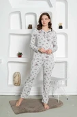 Gri Çiçek Desenli Büyük Beden Kadın Uzun Kol Anne Pijama Takımı -  %100 Pamuk Penye Mevsimlik - 4