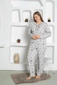 Gri Çiçek Desenli Büyük Beden Kadın Uzun Kol Anne Pijama Takımı -  %100 Pamuk Penye Mevsimlik - 7