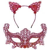 Romantik Kırmızı Dantel Maske Seti – Kedi Kulaklı Taç ve Maske No 3 thumbnail 2