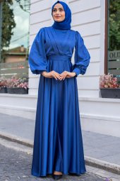 Tesettür Abiye Elbise - Saks Mavisi - 1