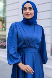 Tesettür Abiye Elbise - Saks Mavisi - 2