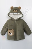 Ayıcıklı İçi Peluş Kürklü Fermuarlı Kapitone Kapüşonlu Kar Şişme Kışlık Erkek Bebek Mont Çocuk Kaban - 1