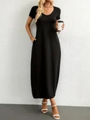 Kadın Kısa Kollu Yakası Yuvarlak Cepli Viskon Elbise thumbnail 3